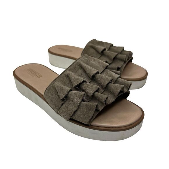 Seychelles Axis Taupe Suede Ruffle Slides Sandals Size 7.5 - Picture 1 of 9